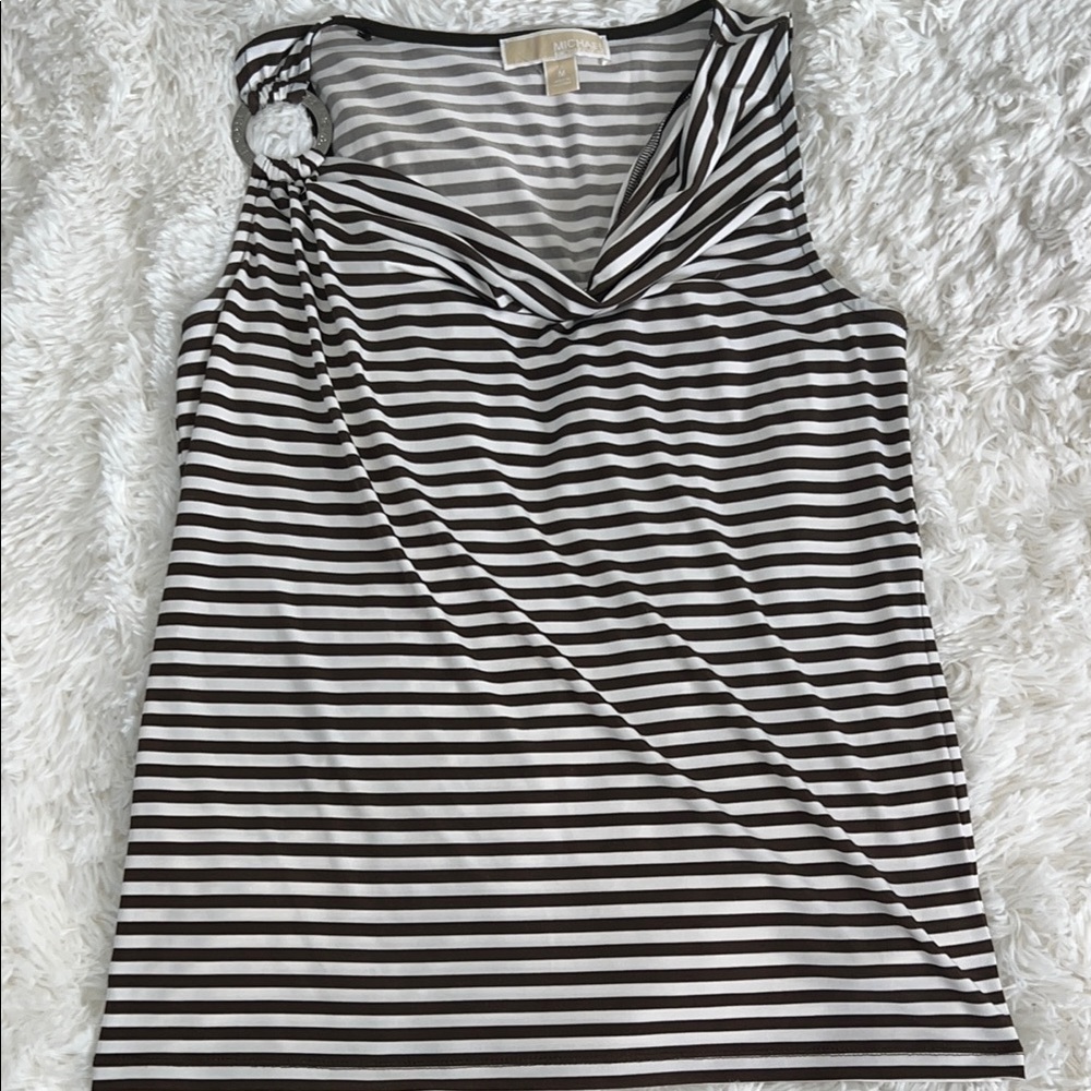Michael Kors Sleeveless Top Metal Ring Detail Color White & Brown Striped M EUC